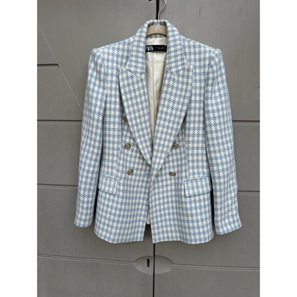 Zara Houndstooth Double-Breasted Blazer Jacket in Blue ASO Princess Kate Sz S - Picture 5 of 16